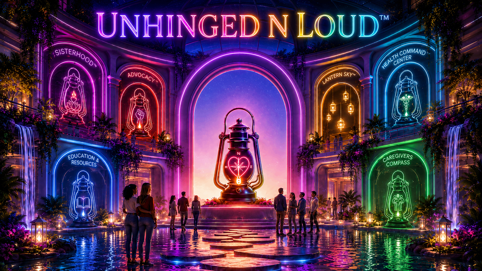 Unhinged N Loud™ Headquarters — a multi-neon courtyard entrance with the UNL lantern at center, surrounded by glowing department arches for Sisterhood, Advocacy, Education & Resources, Lantern Sky, Health Command Center, and Caregivers Compass.