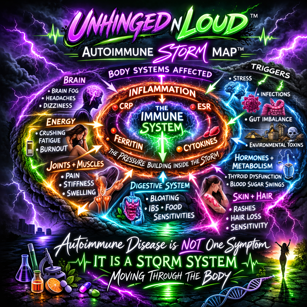 Unhinged N Loud Autoimmune Storm Map showing body systems affected by autoimmune disease, including brain, energy, joints and muscles, digestive system, skin and hair, hormones and metabolism, and common triggers like stress, infections, gut imbalance, and environmental toxins.