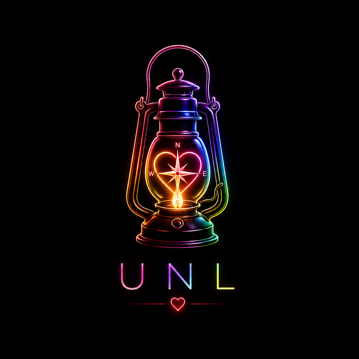 The official Unhinged N Loud™ UNL lantern — a multi-neon lantern with a glowing heart-compass at its center and the letters U N L below.