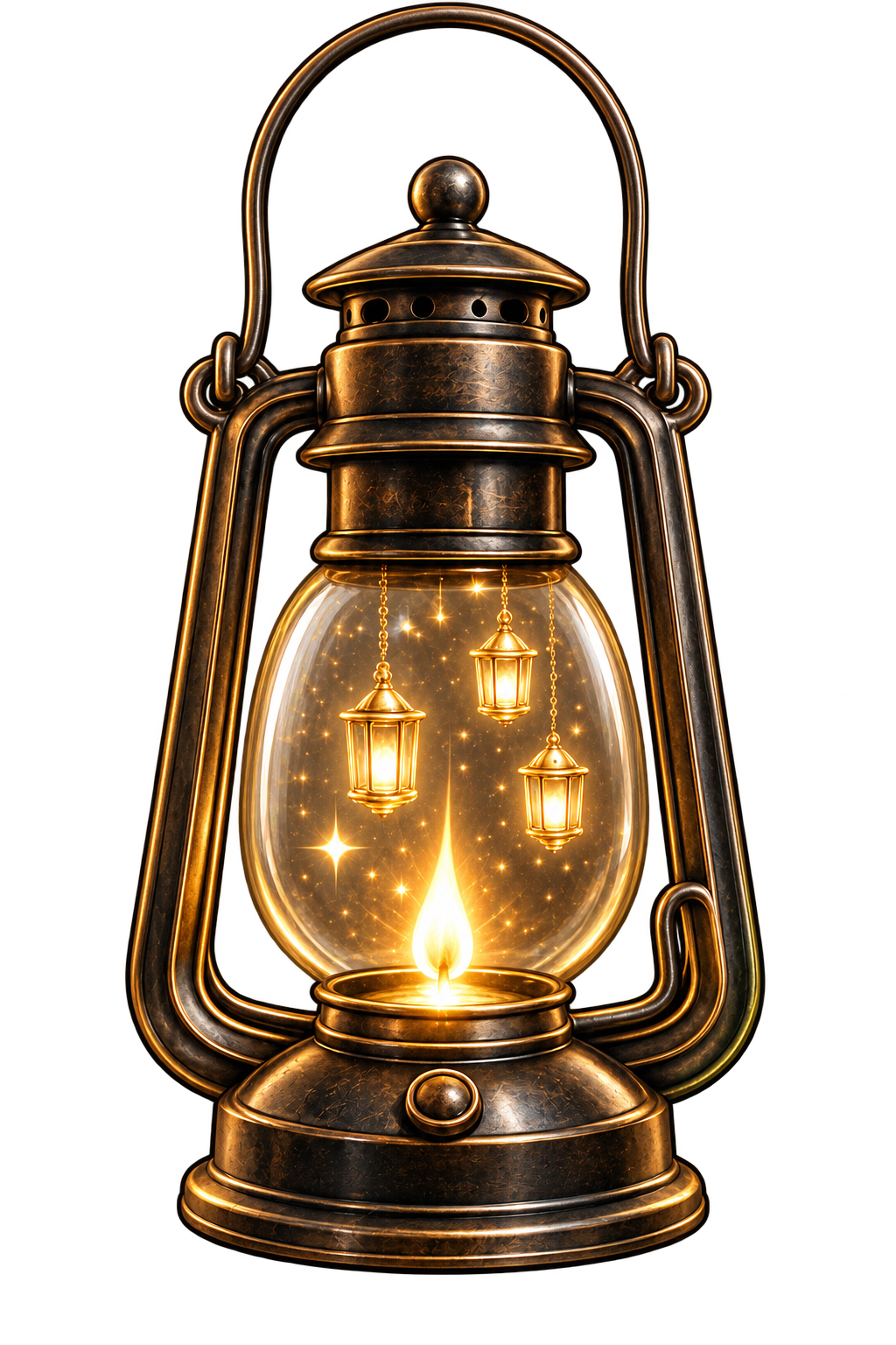 The Unhinged N Loud™ antique lantern — a warm golden brass lantern with a glowing flame and tiny lanterns floating inside its glass.