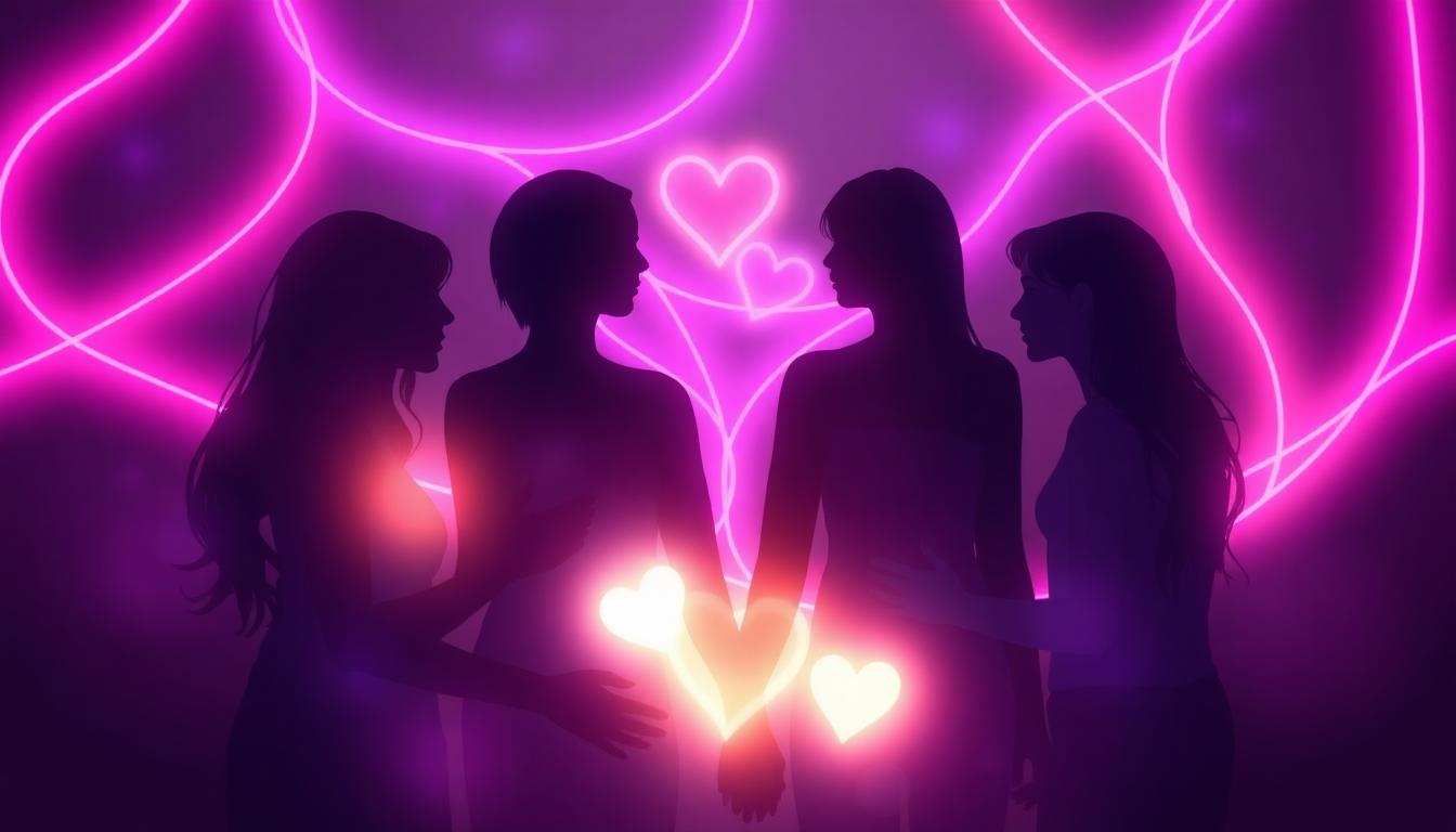 Warm illustration of women connected in sisterhood and community support with glowing neon accents