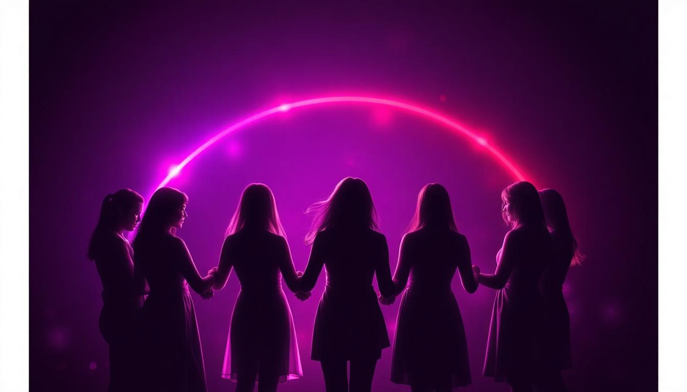 Abstract illustration of women connected in sisterhood and community support with warm neon glows